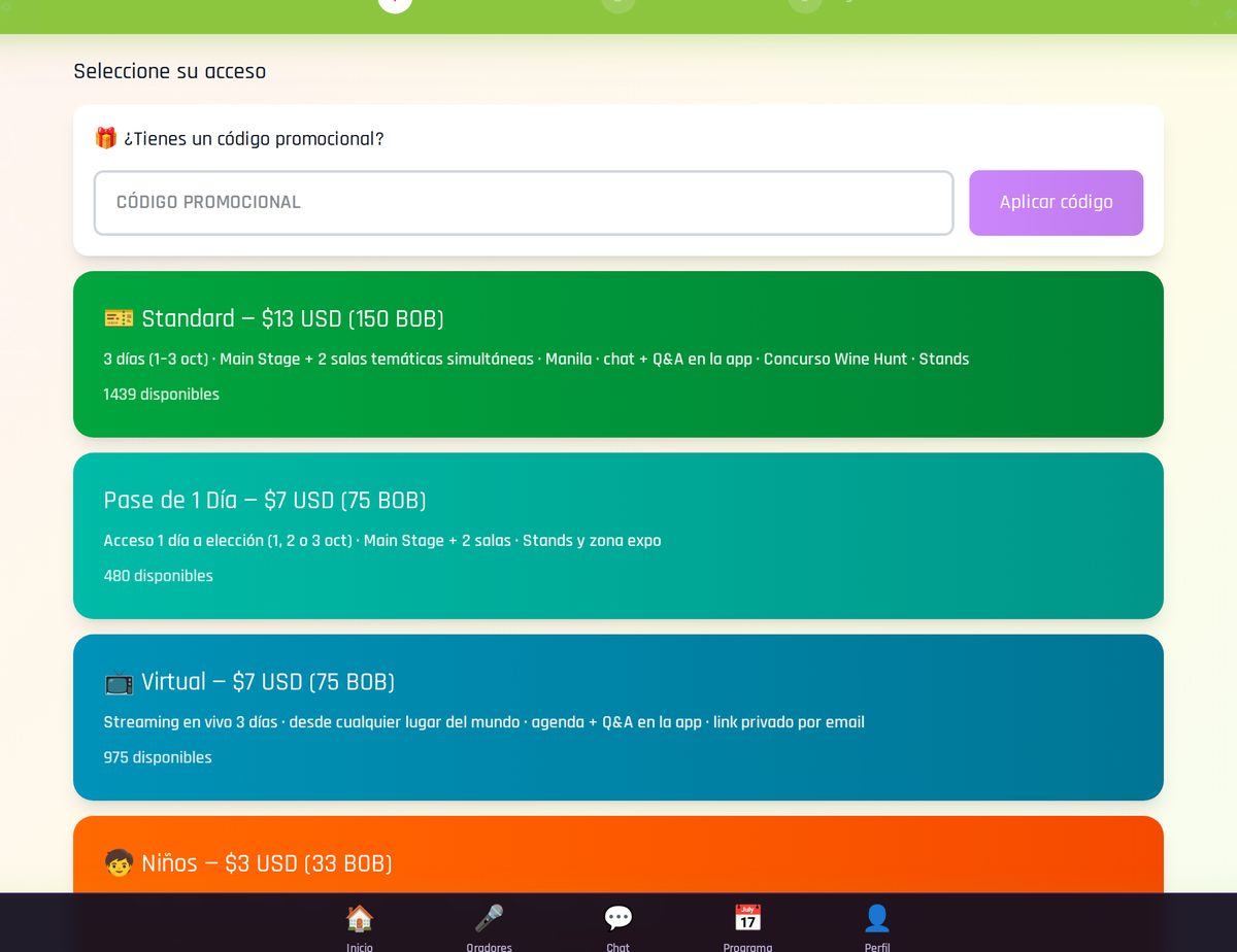 Pantalla de compra con la lista de entradas: Standard, Pase de 1 día, Virtual, Niños y Business