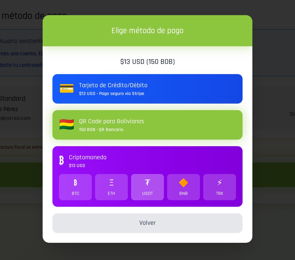 Ventana para elegir método de pago: tarjeta, QR para bolivianos o criptomoneda